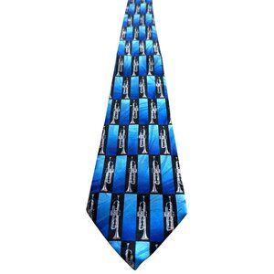 Steven Harris Trumpet Tie Blue & Black Print Silk Handmade Trumpet Pattern